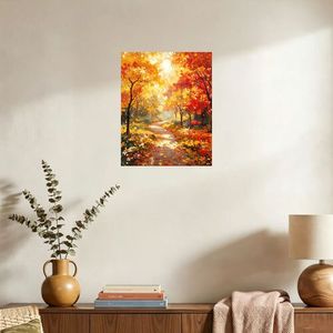Impression sur panneau Paysage forestier d'automne, Art mural rectangulaire beige sans cadre fait main, Design minimaliste, Taille moyenne - Product Image 3