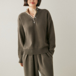 Pull en cachemire à col Henry pour femme, OEM/ODM, ample, décontracté, polyvalent, en laine tricotée de qualité supérieure, logo personnalisé - Product Image 3