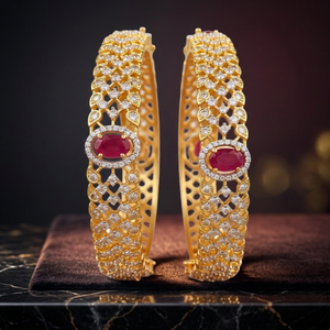 18K Gold Plated Brass Cubic Zirconia Oval <b>Ruby</b> Bangle Set Luxurious Bridal CZ Cutwork Openable Hand Cuffs For Women - Product Image 2