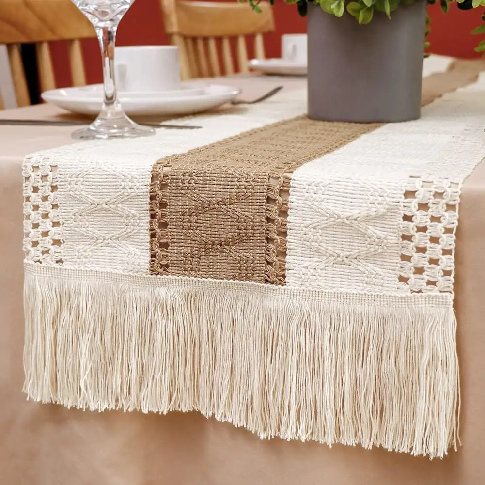 Skymoving tessuti per la casa nuova crema naturale e marrone Boho Runner da tavolo personalizzati di lusso con nappine per l'arredamento della casa