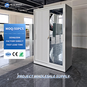 Custom Printing Knock Down Iron Cupboard Cloth Storage Bedroom Wardrobe Metal Mirror Sliding Steel Wardrobe Kabinet Na Bakal - Product Image 1