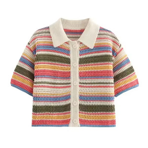 Cardigan Corto da <span class=keywords><strong>Donna</strong></span> alla Moda a Righe Lavorato all'Uncinetto con Colletto <span class=keywords><strong>Polo</strong></span> e Bottoni Manica Corta - Product Image 1