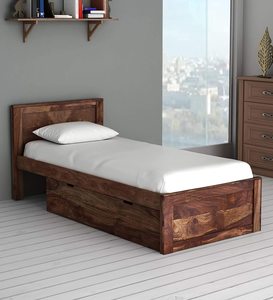 Premium Solid Sheesham Wood <b>Single</b> <b>Bed</b> <b>with</b> Pull-Out Drawer <b>Storage</b>, Natural Walnut Finish <b>Wooden</b> <b>Bed</b> Frame <b>bed</b> collection - Product Image 1