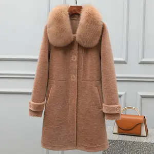 Fashion Urban Clothing Plus Size Live Fit Pure Wool over Coat Elegant Long Sleeve Fox Fur Collar Outerwear Lambskin Fur Coats