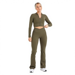 <b>Women's</b> Bodysuit Front Zip up Two Piece Wide Leg Workout <b>Rompers</b> Long Sleeve Fitness Flared Yoga Pants Jumpsuit For Gym - Product Image 1