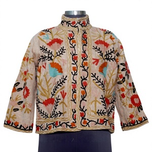 Beige Hand Embroidered Floral Cotton <b>Jacket</b> <b>Mandarin</b> <b>Collar</b> Three Quarter Sleeve Prairie Chic Women's Short Coat Spring Wear - Product Image 1