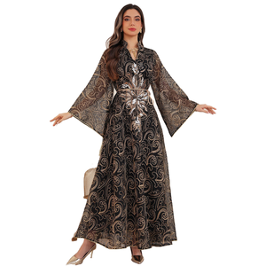 Abaya élégante de haute qualité en polyester antistatique plissée, longueur au sol, pour femmes, avec imprimé floral, pour soirée - Product Image 1