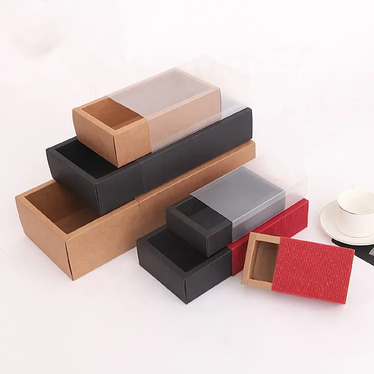 Черный тонкий ящик для печенья, конфет, пирожных, Подарочный ящик из крафт-бумаги, упаковочная коробка с прозрачным окошком из ПВХ, упаковка для печенья