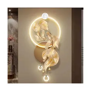 Sang trọng mới nhất LED Koi cá 3D trang trí tường nhà với cây nhân tạo kim loại nghệ thuật Acrylic ánh sáng cảnh quan bức tranh động vật