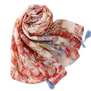Women fashion floral print scarf with tassels soft silk feeling viscose cotton shawls hot sale Jersey hijab head scarf
