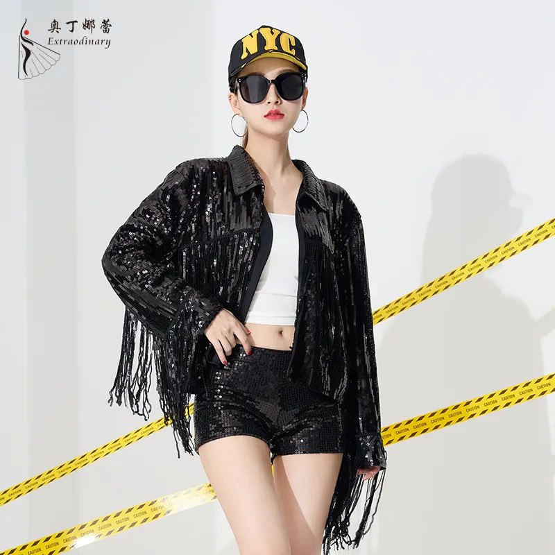 Vente en gros d'argent gland hip hop Jazz Dance Costume manteau à franges Sequin bomber Jacket