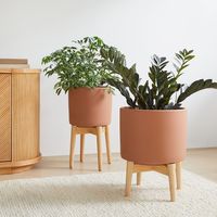 Ensemble de pot de fleurs en céramique noir mat et de support pour plantes de style mid-century, grand pot de fleurs d'intérieur, pot de fleurs en céramique blanche