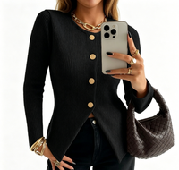 Damen Gerippter Strick-Cardigan mit Goldknöpfen Schmale Passform Langarm Offene Vorderseite Pullover für Herbst & Winter