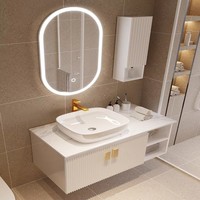 Meuble-lavabo flottant moderne et durable Balom avec miroir LED intelligent, plateau en pierre frittée effet marbre, bois écologique