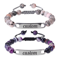Pulsera de Acero Inoxidable de Fábrica, Diseño Curvo, con Cuentas de Turquesa Rosa Zebra, Grabado Láser de Logotipo y Nombre, Pulsera DIY Hecha a Mano para Parejas