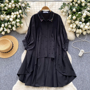 Chemisier asymétrique pour femme, orné de clous et de perles, à boutonnage simple, manches chauve-souris, coupe ample mi-longue, tendance - Product Image 3