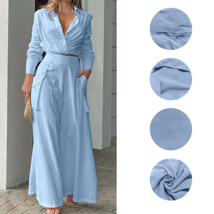 Completo Casual da <span class=keywords><strong>Donna</strong></span> Tinta Unita con Top Corto a Maniche Lunghe con Risvolto e Chiusura Incrociata, <span class=keywords><strong>Pantaloni</strong></span> a Gamba Larga con Tasche, per Uso Quotidiano e Tempo Libero, Vendita all'Ingrosso 1 MOQ - Product Image 4