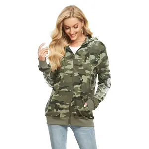 Wholesale High Quality Fashion Camouflage Embroidery Hooded Sweatshirt Jacket Camouflage Zipper Closure Women's Jacket