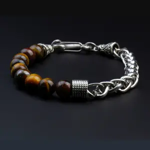 Tiger目Amethyst Turquoise Stainless Steel Chain Bracelet 8ミリメートルBeads For Men ST098