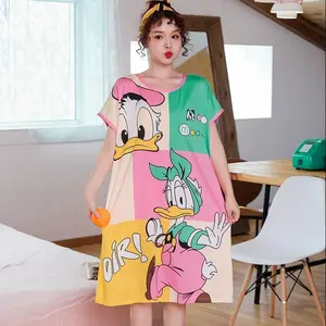 Chemise de nuit pour femmes mode dessins animés robe de sommeil ample col rond manches courtes été mi loisirs jupes de nuit mince lait soie pyjamas