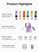 Bouteille d'eau isotherme à double paroi de 650 ml, gobelet de voyage en acier inoxydable couleur macaron avec poignée de transport amovible