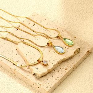 Collar de Acero Inoxidable con Baño de Oro PVD de 18K y Colgante de Ópalo Verde Azulado en Forma de Lágrima, Joyería al por Mayor, Collar de Circonita para Mujer - Product Image 1