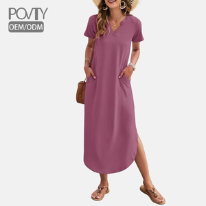 Abito Lungo Estivo da Donna POVTY Personalizzato, Morbido come il Burro, <span class=keywords><strong>Maniche</strong></span> Corte, Scollo a V, Orlo Spaccato, Vestibilità Ampia con Tasche - Product Image 1