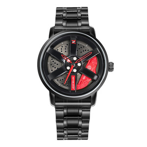 Small MOQ <strong>Black</strong> Color Stainless Steel Band Fashion Style Quartz Movement Alloy Wheel Rim Wrist <strong>Watch</strong> Spinning 360 - Product Image 6