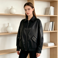 Veste en cuir décontractée noire pour femme avec poches à rabat, veste en cuir brillant tendance, vente en gros d'usine