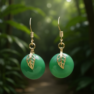 Pendientes colgantes de piedra verde con hoja dorada para mujer, joyería de moda estilo bohemio, pendientes redondos de Jade chapados en oro de aleación - Product Image 2