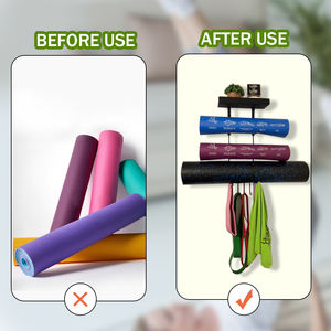 Soporte de pared para esterilla de Yoga de 5 niveles con estante de almacenamiento de metal y 3 ganchos para colgar correa de estiramiento y bandas de resistencia - Product Image 5