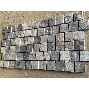 SHIHUI Cheap Brick Pattern Tumbled Cube Stone Blue Quartzite Pavers Mesh Cobblestones Mats Sheet Paving Stone Cobblestone