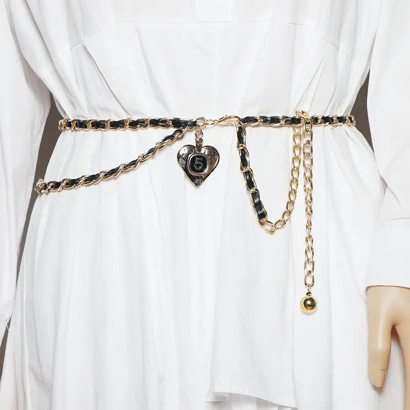 خمر القلب هامش سبائك المعادن الذهب حزام على شكل سلسلة للنساء بو حزام جلد السيدات رقيقة حزام خصر الذهب