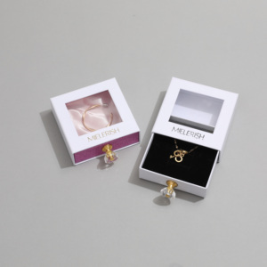 Boîte d'emballage de bijoux en carton de haute qualité, élégante, portable, en cuir brossé, avec fenêtre transparente, tiroir latéral à ouverture facile, personnalisable - Product Image 2