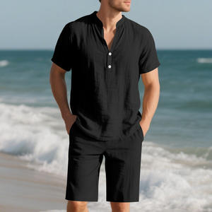 Ensemble deux pièces homme TUME été 2025 transfrontalier : chemise Henley ample en lin vintage à manches courtes et short - Product Image 3