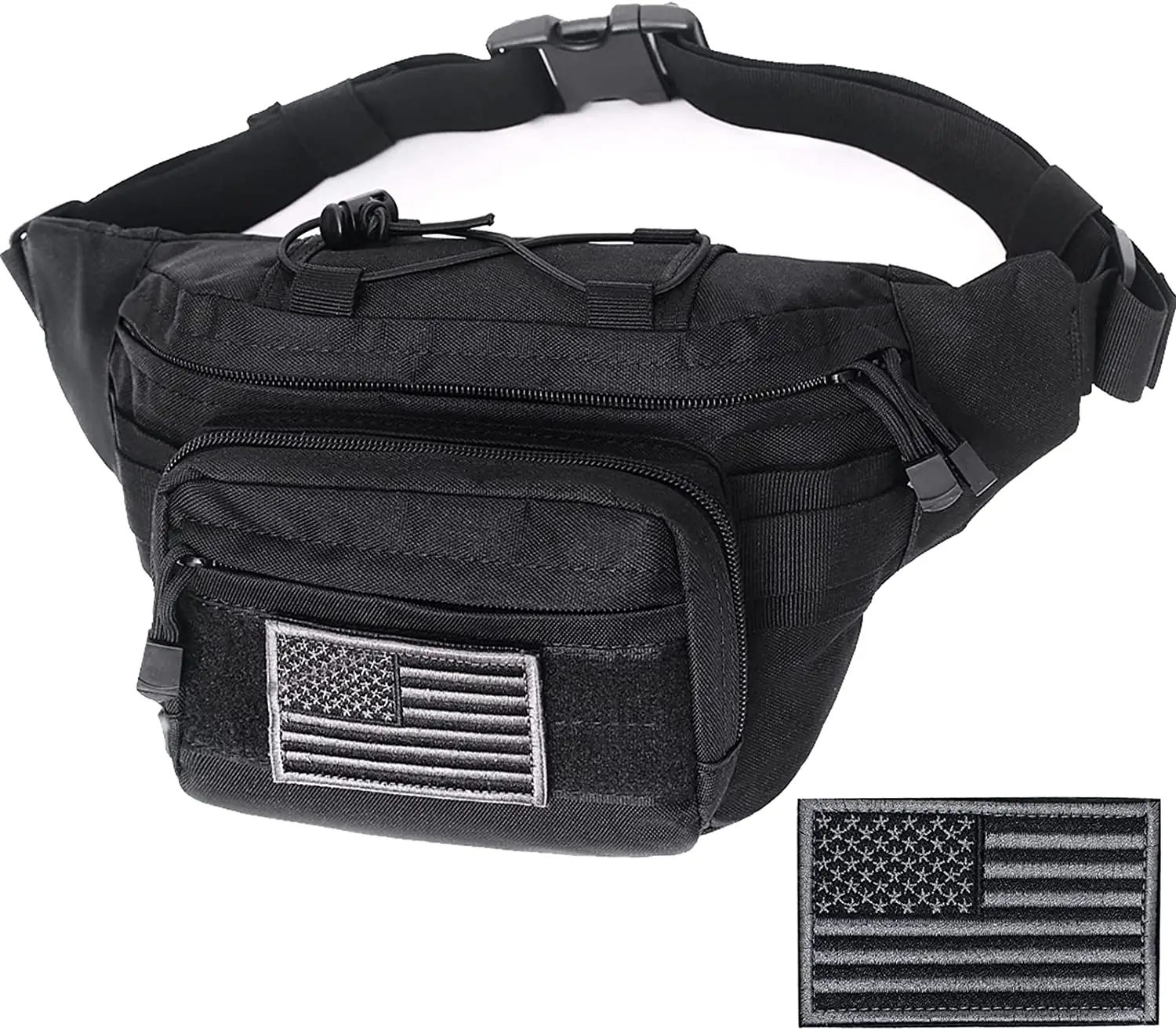 Black Tactical Fanny Pack for Outdoor Hiking with U.S Patch