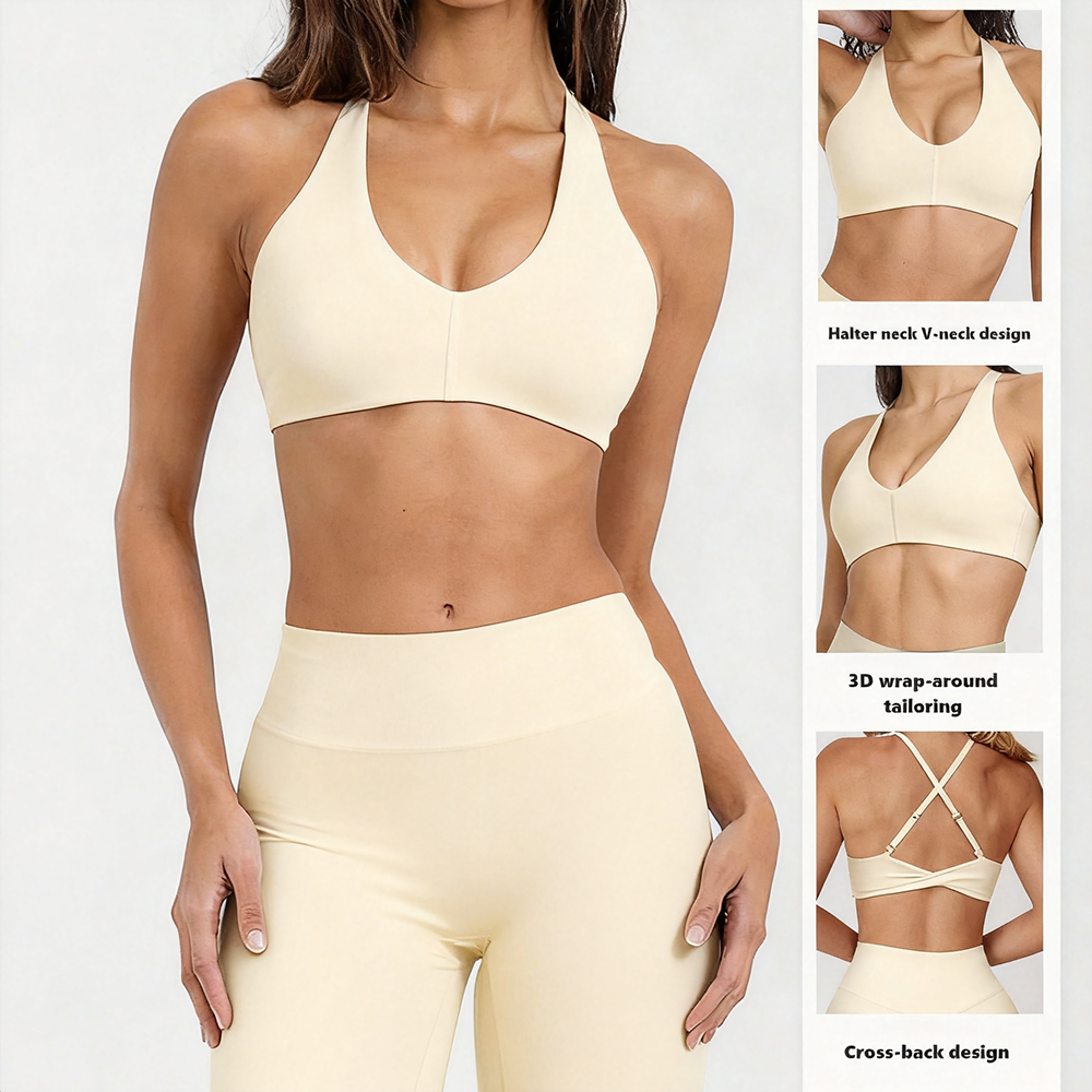 Women's Customizable Halter Neck V-Neck Cross Back High Support Breathable Sweat-Wicking Sports Bra Adjustable Straps Front