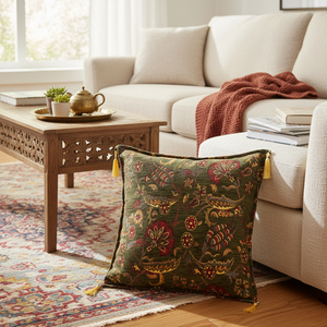 Bohemian Cushion Cover With Green Turkish Fabric With Tulip Design From Turkey - Product Image 3