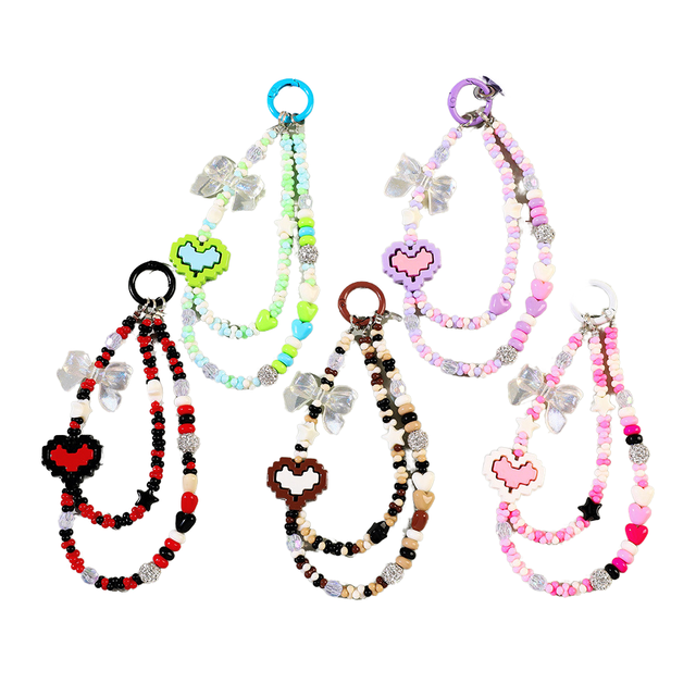New Ins Style Sweet pink Acrylic Crystal Bow Pearl Eco-friendly Cute Beaded Phone Charms Mobile Phone Chain Key Chain