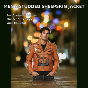 Custom Zipper Closure <b>Men</b> Genuine Sheep Skin Embroidery Studded Biker <b>Jacket</b> OEM Distressed Printed Front Waterproof - Product Image 2