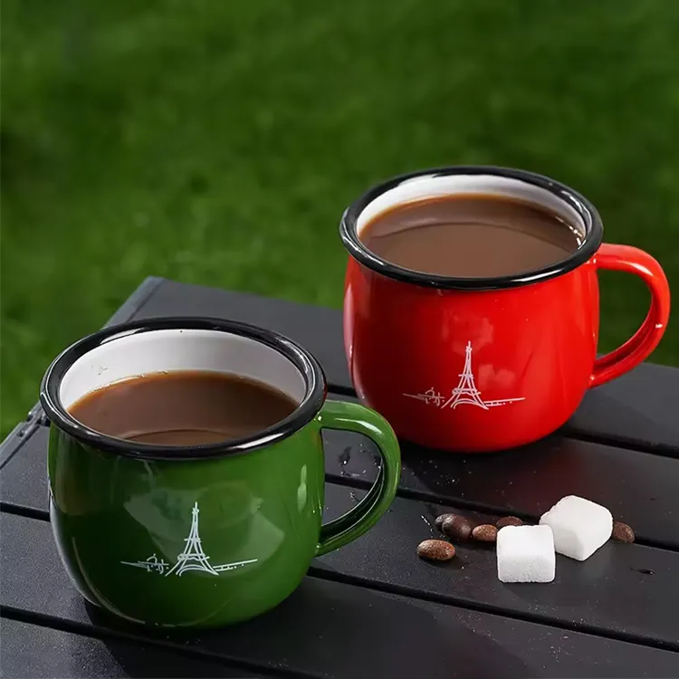 Taza de café esmaltada metálica portátil logo13oz 400ml personalizada al por mayor, calcomanía en blanco impresa, taza esmaltada por sublimación, tazas de viaje para acampar