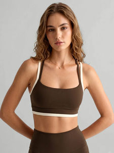 Soutien-gorge de sport marron à bretelles avec bordure blanche, dos croisé, anti-transpiration, compression, maintien, fitness, hautement extensible - Product Image 3