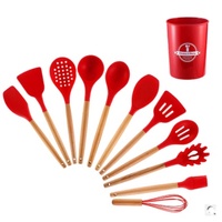 12 ustensiles de cuisine en silicone avec manche en bois : louche, spatule à soupe, spatule à spaghetti, spatule ajourée, brosse à badigeonner