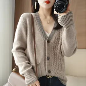 Suéter largo Cárdigan para mujer, suéteres de cuello en v con botón - Product Image 1