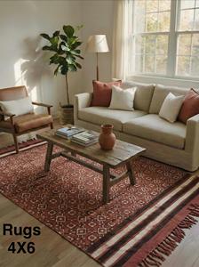 Rust Geometric Diamond Cotton Rug 4x6 Handmade Carpet with Tassels Boho <b>Floor</b> Mat Living Room Decor - Product Image 3