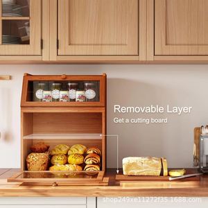 Wooden Bread Box 3 Layers Airtight <b>Kitchen</b> Countertop Storage For Bread Snacks Cake Dessert Rectangle With Wooden Lid - Product Image 2