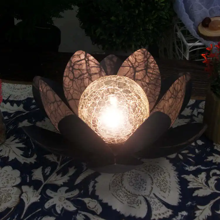 Solar Garden Light Outdoor Amber Crackle Globe Glass Lotus Decoration Lights Waterproof Metal LED Flower Lights