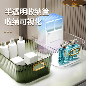 Acrylic Cosmetic Storage <b>Box</b> Transparent With Gold Handle For <b>Makeup</b> Organizer Desktop Bathroom Vanity Use - Product Image 1