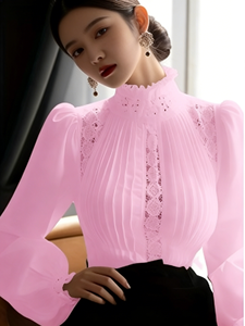 Blusa de Encaje Rosa con Cuello Redondo para Mujer Talla Grande - Elegante Top de Gasa Plisado con Mangas Farol para Primavera y Otoño, Estilo Casual - Product Image 1