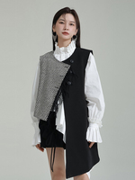 Damen Nischen-Design Vintage-Posing-Stil Karierte Farbblockierung Asymmetrische Lange Ärmellose Mehrlagige Westenjacke